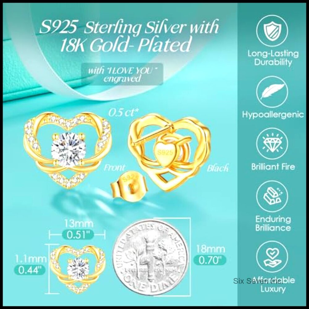 Moissanite Heart Stud Earrings 925 Sterling Silver Gold Plated Fine Jewelry - Picture 5 of 7